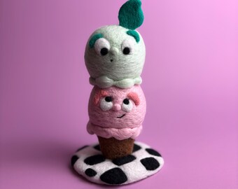 Needle Felted Ice Cream Character Sculpture | Mint and Bubblegum Wool Frozen Dessert Figurine, Storybook Gelato Friends