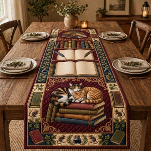 Puede incluir: Camino de mesa burdeos con un diseño de libros, plumas y gatos durmiendo. El camino de mesa tiene una textura acolchada y está decorado con ilustraciones de libros, tinteros y ratones. Se coloca sobre una mesa de madera con cubiertos.