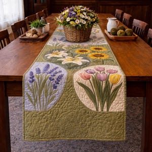 Camino de mesa decorativo acolchado con estampado floral otoñal, camino de mesa de patchwork hecho a mano, decoración colorida para la mesa del comedor, decoración otoñal para el hogar