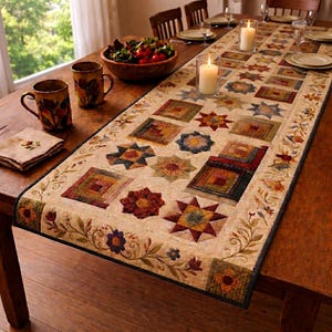 Patchwork Floral Quilted Table Runner, Farmhouse Table Decor, Rustic Dining Runner, Vintage Star Quilt Style, Kitchen Table Decoration Gift