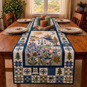 May include: A quilted table runner with a blue border and a central panel featuring a house, flowers, and berries. The runner is decorated with trees, stars, and compass designs. Candles and place settings are on a wooden table.