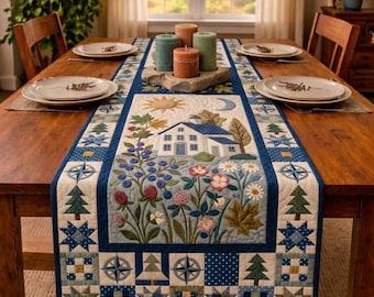 Camino de mesa acolchado floral estilo granja, decoración de patchwork azul campestre, acento rústico para mesa de comedor, regalo de decoración para el hogar de primavera y verano