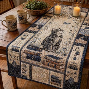Camino de mesa acolchado con diseño de gatos y libros, decoración vintage para biblioteca, decoración acogedora para mesa de estilo rústico, regalo literario, acento de comedor de estilo acolchado neutro