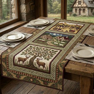 Caminho de mesa rústico acolchoado estilo fazenda, patchwork com veados da floresta, decoração para cozinha campestre, capa de mesa de jantar vintage para cabana.
