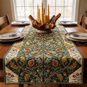 Elegant Pomegranate and Oak Leaf Quilted Table Runner, Decorative Dining Table Linen, Autumn Inspired Home Décor, Unique Gift Idea