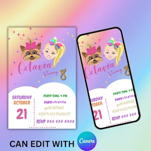 May include: A birthday party invitation featuring a cartoon illustration of a girl and a dog with a pink bow. The invitation is purple and pink with the text "Octavta is turning 8". The date is October 21st.