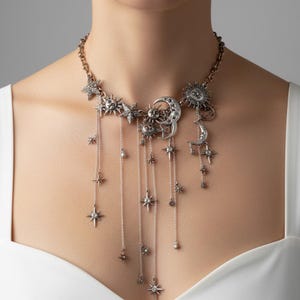 Celestial Statement Necklace | Sun Moon Star Choker Jewelry | Cosmic Starry Night Gift for Her