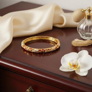 Gold Tone Bangle Bracelet for Women | Elegant Red Enamel Hinged Bangle | Ornate Statement Bracelet Gift for Her