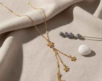 Fantastiskt guldhalsband med himmelsstjärna | Elegant smycke i månen och lariatstil | Elegant Y-kedja för kvinnor