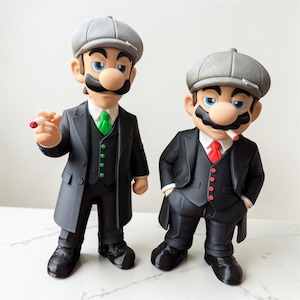 May include: Two figurines of Mario characters in black suits, grey flat caps, and holding cigarettes. One has a green tie, the other a red tie. Both have black moustaches. The figures are in a standing pose.