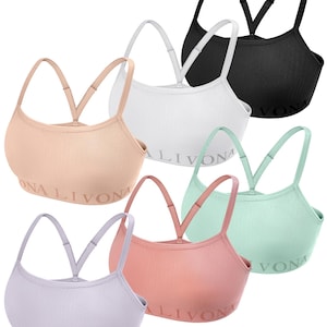 May include: A collection of six ribbed sports bras in various colors: light peach, white, black, mint green, light purple, and coral. Each bra has thin straps and the word "LIVONA" printed on the band.