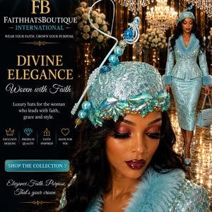 May include: A light blue sequined hat adorned with iridescent crystals and blue pearls, featuring a tall, curved wire accent. The hat is displayed alongside text reading FAITHHATSOUTIQUE INTERNATIONAL, DIVINE ELEGANCE, and Woven with Faith.