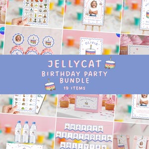 May include: A collection of birthday party decorations, such as signs, cupcake toppers, and bunting. The words "JELLYCAT BIRTHDAY PARTY BUNDLE" are on a blue banner, with "19 ITEMS" below. The signs and bunting are personalised with the name "OLIVIA".