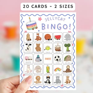 May include: A Jellycat Bingo game card held by a person. The card features a blue border and the text "Jellycat Bingo!" with various cartoon illustrations. The top of the card reads "20 Cards - 2 Sizes".