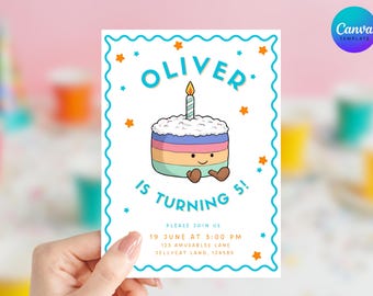 Invitación inspirada en la tarta de cumpleaños arcoíris de Jellycat, invitación de tarta de cumpleaños arcoíris en tonos pastel, plantilla editable de Canva (descarga digital).