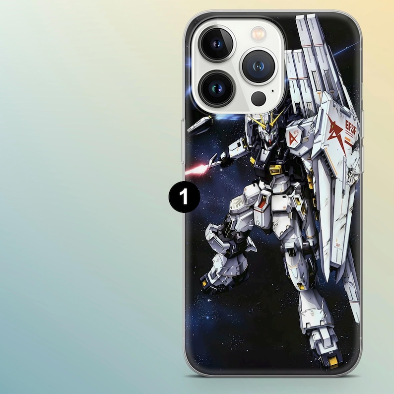 May include: A phone case with a detailed illustration of a white, black, and yellow robot with a large shield. The robot is set against a dark blue and black space-themed background. The number "1" is printed on the side.