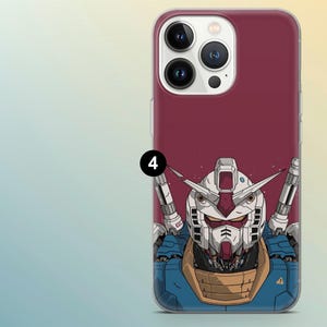 May include: A smartphone case with a robot illustration. The robot's head and upper body are depicted in detail, with a white face, red and blue elements, and a maroon backdrop. The case is designed for a mobile phone.