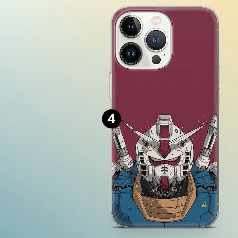 May include: A smartphone case with a robot illustration. The robot's head and upper body are depicted in detail, with a white face, red and blue elements, and a maroon backdrop. The case is designed for a mobile phone.