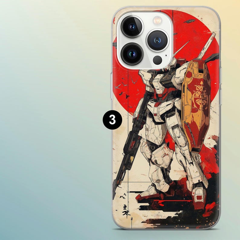 May include: A phone case with a robot illustration in white and red, set against a red sun. The robot is armed with a shield and a gun. Japanese characters are visible at the bottom of the case.
