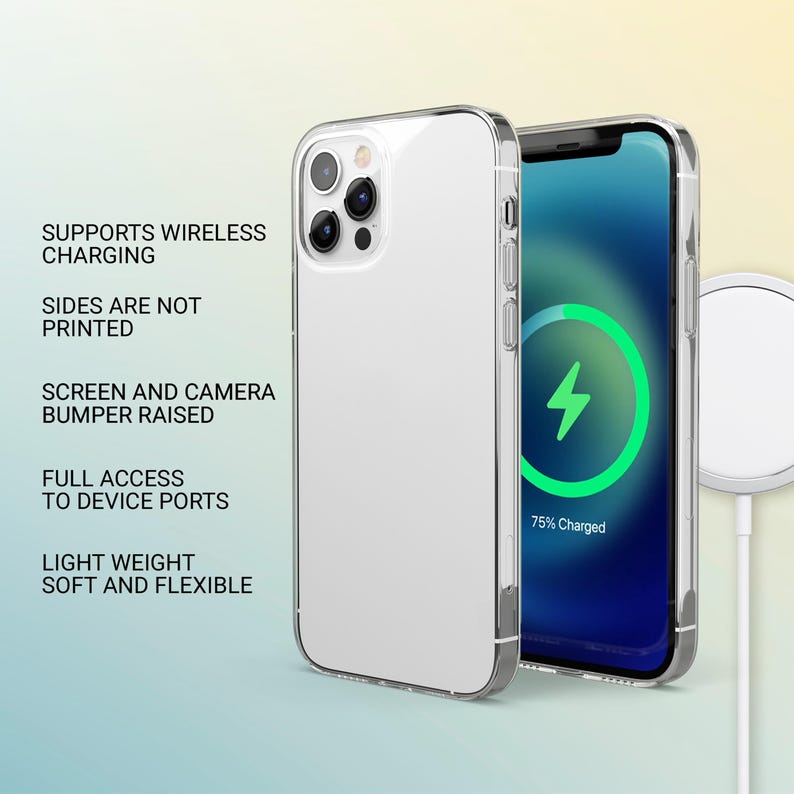 May include: Transparent phone case with a clear design, displaying a phone with a charging screen. The case supports wireless charging, has raised screen and camera bumpers, and full access to device ports. The image text says: Supports Wireless Charging, Sides Are Not Printed.