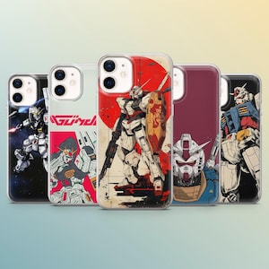 May include: A set of five phone cases with robot artwork. The cases display different robot designs in colours such as white, red, blue, and black. Each case has a clear border and a unique robot graphic.