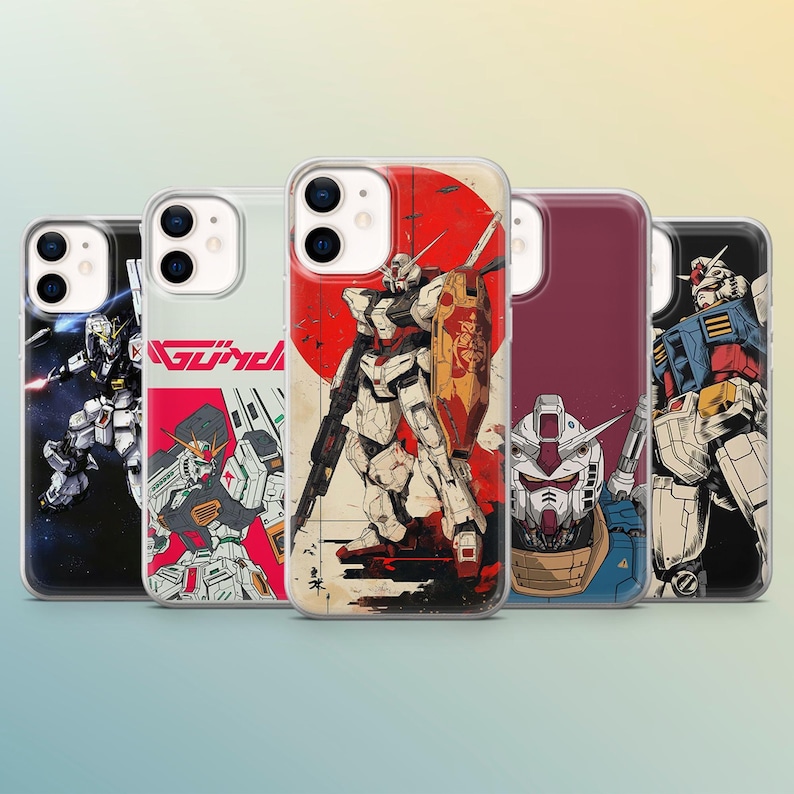 May include: A set of five phone cases with robot artwork. The cases display different robot designs in colours such as white, red, blue, and black. Each case has a clear border and a unique robot graphic.