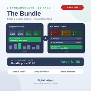 May include: A digital bundle containing two spreadsheets with sixteen tabs for Excel and Google Sheets. The interface displays a Budget Dashboard and a Life Admin Tracker with various financial and administrative data points, charts, and status indicators.