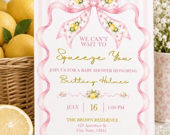 May include: Baby shower invitation with a pink and white striped background. The invitation features a pink ribbon with lemons and the text "We can't wait to Squeeze You". The invitation is for Brittany Holmes.