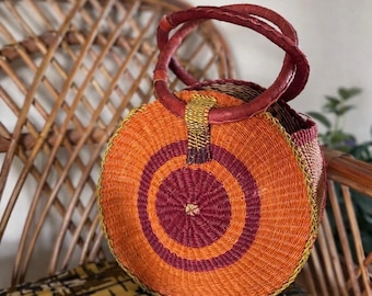 Handwoven Bolga Bag – Round Ghana Straw Statement Handbag – Ethical Fashion-Sustainable