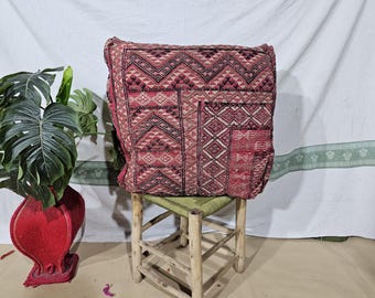Moroccan Floor Pouf – Wool Cushion with Amazigh Geometric Design Pouf– Multicolor Ottoman Pouf – Beni Ourain Wool Cushion Pouf – Boho Pouf.