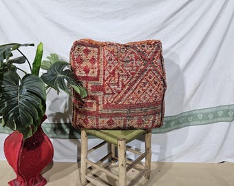 Handcrafted Beni Ourain Wool Pouf, Boho Beige Ottoman, Bohemian Home Decor