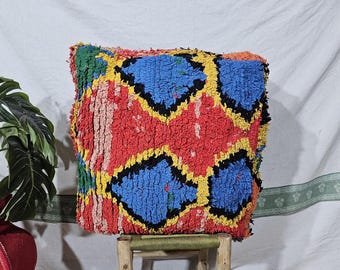 Old Handmade Moroccan Wool Red Pouf, Vintage Berber Ottoman, Bohemian Floor Cushion Pouf, Moroccan Berber Pouf, Yoga Pouf, Decoration Pouf