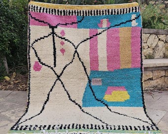 Handmade Mrirt Wool Rug, Colorful Labyrinth Pattern,Berber Rug, Amazing Azilal Moroccan Rug, Area Wool Rug, Colorful Handmade Minimalist Rug
