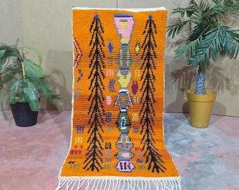 Alfombra de lana de pelo largo Beni Ourain hecha a mano, alfombra bereber naranja fucsia