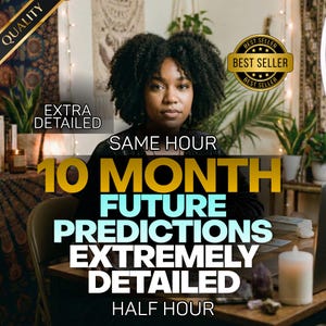 May include: A woman with dark curly hair is the central figure in this image, with text overlayed. The text reads "10 MONTH FUTURE PREDICTIONS EXTREMELY DETAILED" and "SAME HOUR". A "Best Seller" badge is visible. The image has a quality seal.