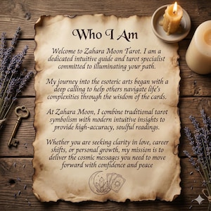 May include: A vintage-style parchment with the text "Who I Am" and a description of Zahara Moon Tarot services. The image includes a lit candle, dried lavender, and a decorative key, all arranged on a wooden surface.