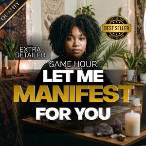Könnte beinhalten: Ein Bild mit einer Frau mit dunklem, lockigem Haar und dem Text "LET ME MANIFEST FOR YOU". Das Bild enthält auch die Wörter "QUALITY", "EXTRA DETAILED" und "BEST SELLER". Eine brennende Kerze und Tarotkarten liegen auf dem Tisch.