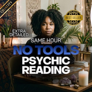 Könnte beinhalten: Eine Frau mit dunklem, lockigem Haar ist der Mittelpunkt dieses Bildes. Der Text-Overlay lautet "Same Hour, No Tools, Psychic Reading". Ein "Best Seller"-Abzeichen ist sichtbar. Das Bild deutet auf einen Wahrsage-Service hin.