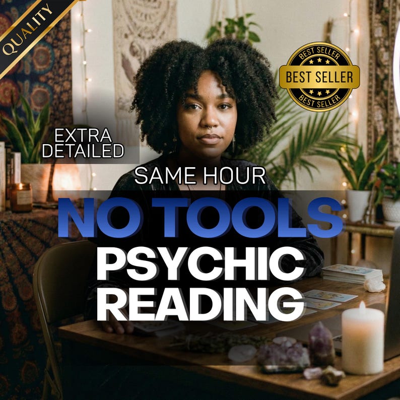 May include: A woman with dark curly hair is the focal point of this image. Text overlay reads "Same Hour, No Tools, Psychic Reading." A "Best Seller" badge is visible. The image suggests a psychic reading service.