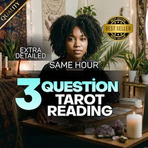 Pode incluir: Uma imagem que promove um serviço de leitura de tarot. O texto diz "3 Question Tarot Reading" e "Same Hour". Uma mulher com cabelo encaracolado escuro está centrada na imagem. As palavras "Extra Detailed" e "Best Seller" também são visíveis.