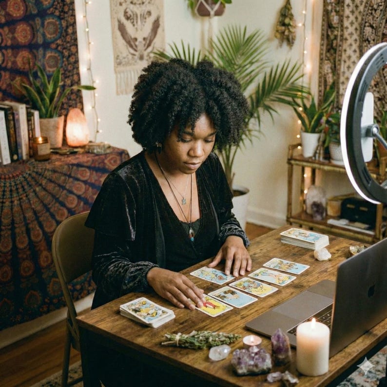 May include: A person is seated at a wooden table, arranging tarot cards. A laptop, candle, crystals, and herbs are also on the table. The background includes plants, a tapestry, and a ring light.