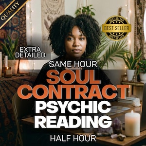 Puede incluir: Imagen de una mujer con cabello rizado oscuro, con texto superpuesto que dice "SAME HOUR SOUL CONTRACT PSYCHIC READING HALF HOUR". Una insignia de "Best Seller" está en la esquina superior derecha. La palabra "QUALITY" está en la esquina superior izquierda.