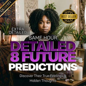 Puede incluir: Imagen de una mujer con cabello rizado oscuro, con texto que dice "EXTRA DETALLADO", "MISMA HORA", "DETALLADO 8 PREDICCIONES FUTURAS", y "Descubre sus verdaderos sentimientos y pensamientos ocultos". También se ve una insignia de "MÁS VENDIDO".