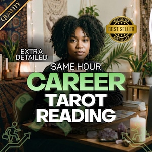 May include: An image promoting a career tarot reading. The image features a woman with dark curly hair, with text that reads "Career Tarot Reading" and "Same Hour." The image also includes a "Best Seller" badge.