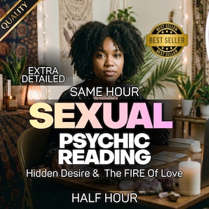 Może przedstawiać: Reklama usługi wróżenia. Obraz przedstawia kobietę z ciemnymi kręconymi włosami, z nałożonym tekstem, który brzmi "SEXUAL PSYCHIC READING" i "Hidden Desire & The FIRE Of Love". Widoczne są również słowa "EXTRA DETAILED" i "BEST SELLER".