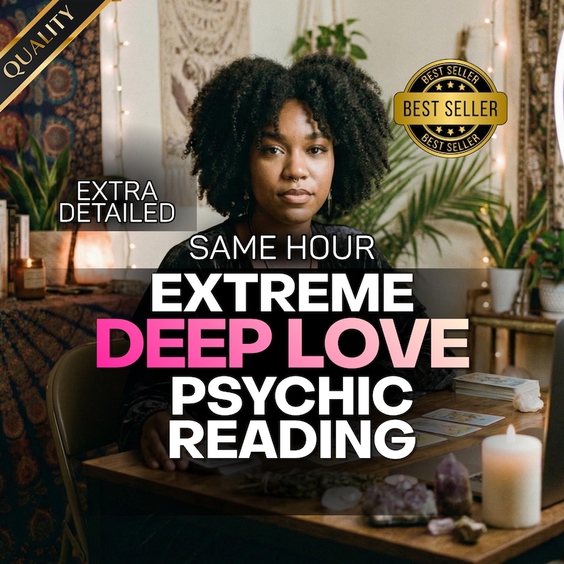 May include: An image promoting psychic readings. The text reads "SAME HOUR EXTREME DEEP LOVE PSYCHIC READING." A woman with dark curly hair is centered in the image. The words "EXTRA DETAILED" and "BEST SELLER" are also visible.