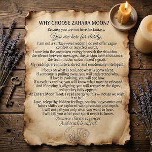May include: A parchment-style paper with text about Zahara Moon Tarot, a key, dried lavender, and lit candles on a wooden surface. The text discusses clarity, intuitive readings, and exploring love and future shifts.