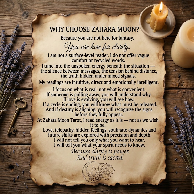 May include: A parchment-style paper with text about Zahara Moon Tarot, a key, dried lavender, and lit candles on a wooden surface. The text discusses clarity, intuitive readings, and exploring love and future shifts.