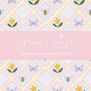 Puede incluir: Patrón repetitivo con mariposas, abejas y flores en tonos pastel. El diseño incluye elementos amarillos, rosas y azules, con el texto "Spring Collage" y "Hand-drawn Seamless Pattern". El conjunto es suave y primaveral.