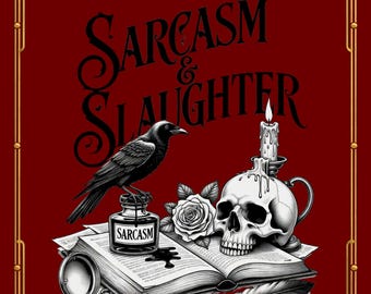 Puede incluir: Una portada de libro para colorear con un fondo rojo oscuro y un borde dorado adornado. El título dice "After Dark Sarcasm & Slaughter" con ilustraciones de un cuervo, una calavera, un libro abierto, un tintero con la etiqueta "Sarcasm" y una vela encendida. El texto "A Coloring Book" está en la parte inferior.
